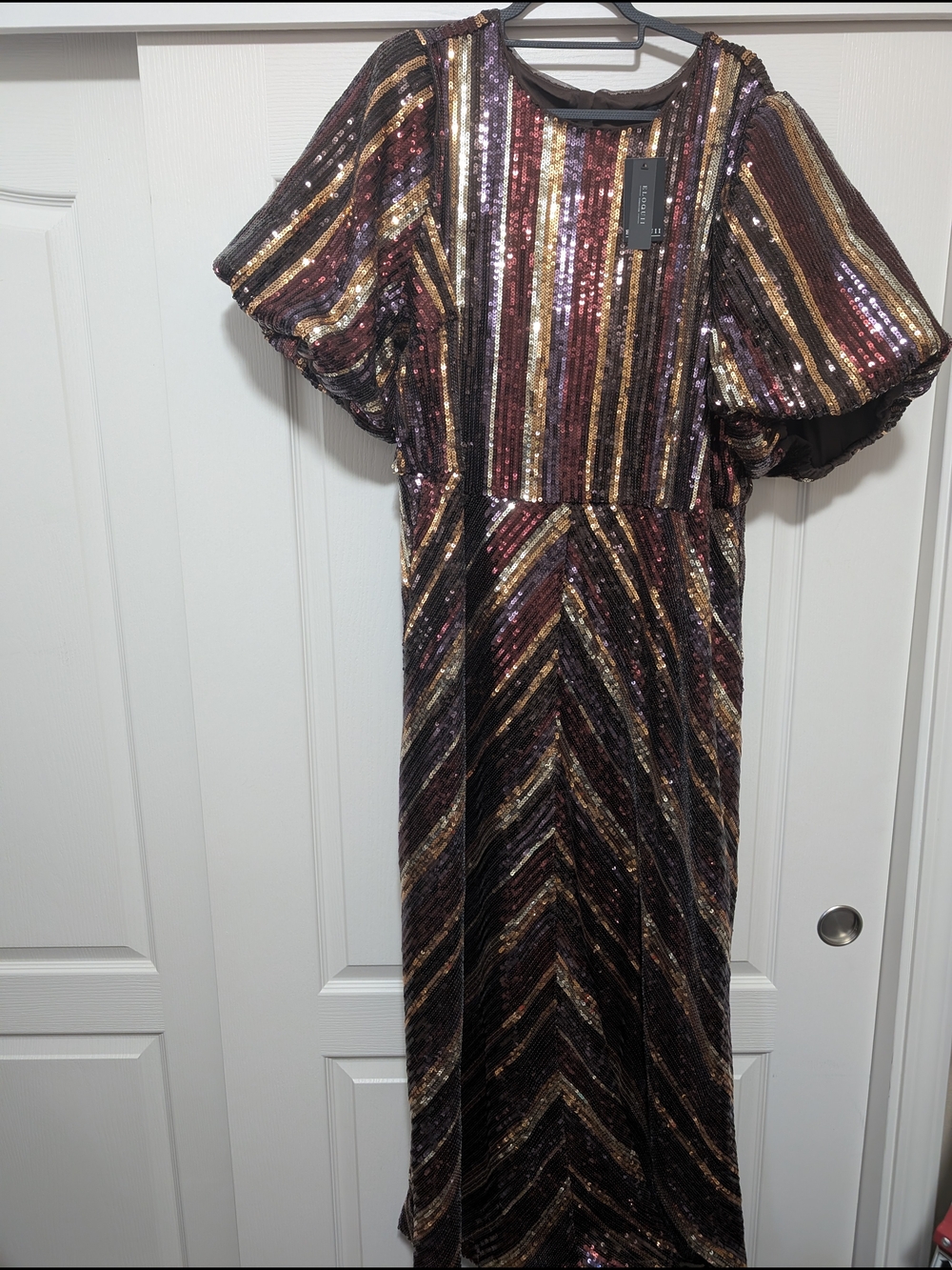 Eloquii Metallic Striped Sequin Dress in Gold, Burgundy & Purple